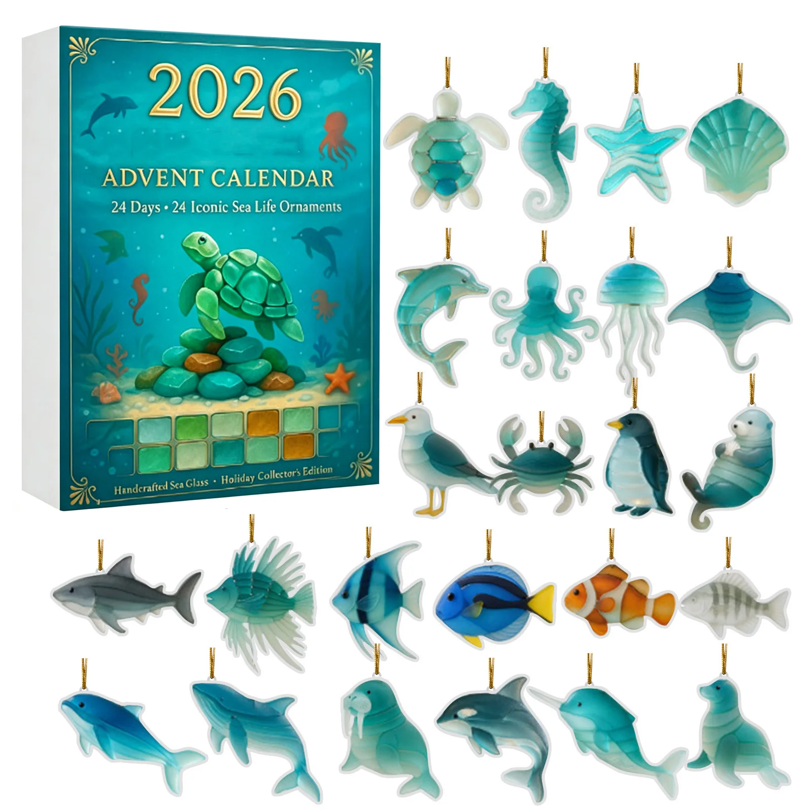 Sea Glass Marine Life Advent Calendar 24-Day Ocean Theme Christmas Countdown Calendar with Cute and Realistic Sea Animals 2026