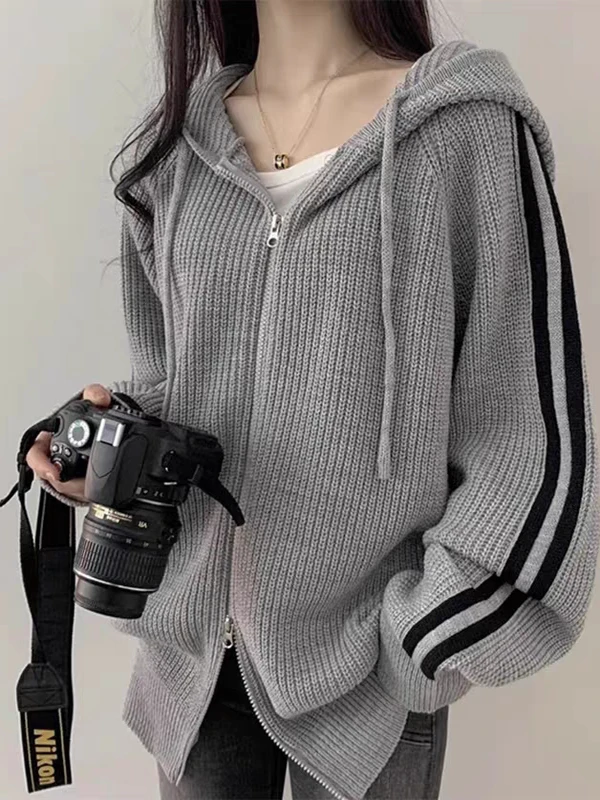 Chic Knitwear Women's Loose Design Small Size Simple Personality Drawstring Hood Long Sleeve Jacket Top Thickened Autumn Winter