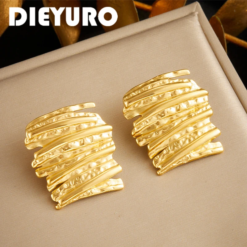 DIEYURO 316L Stainless Steel Wrinkled Texture Irregular Geometric Golden Earring Design Fashion New Ear Decoration Jewelry Gift