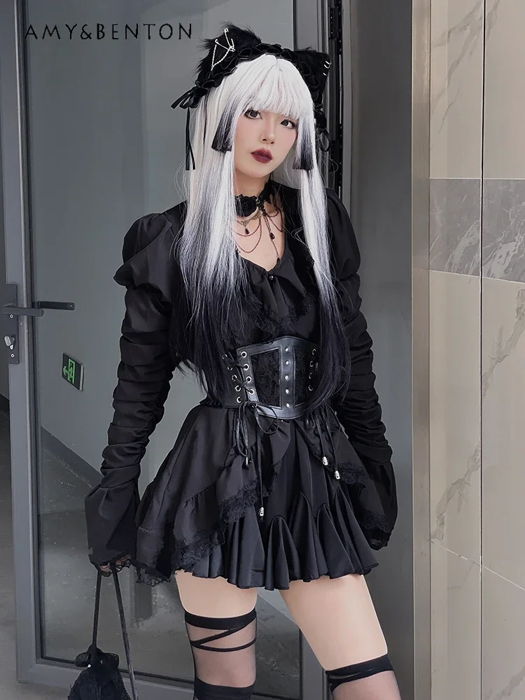 Goth Dark Y2k Hot Girl Skirt Sets Subculture Punk V-neck Long-sleeved Shirt High Waist Mini Skirt Two-piece Suit Women Autumn