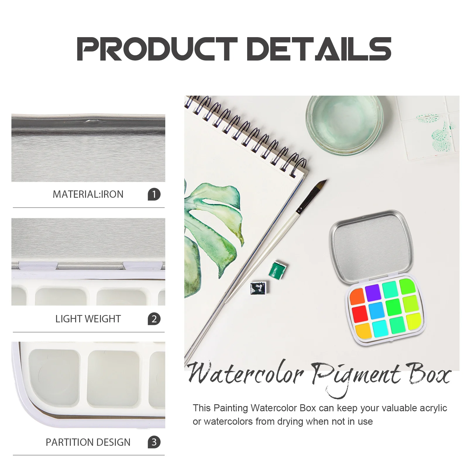 

1Set DIY Watercolor Pigment Box 12grid Paint Pan Ideal for Artist Students Convenient Color Modulation Gift Empty Watercolor Tin