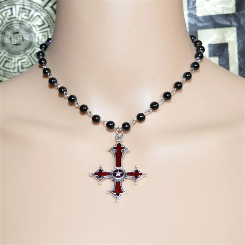 Blood Red Gothic Inverted Cross rosary Necklace,Witchy,Pagan,Vampire,Alternative Jewellery,Devil Lucifer Satan Satanic Jewelry