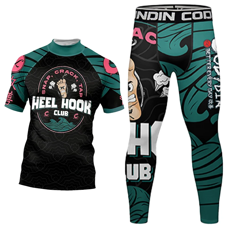 الرجال لا جي BJJ جيو جيتسو تي شيرت + MMA السراويل مجموعات الملاكمة Rashguard رياضة قميص + تجريب السراويل سريعة الجافة ألعاب القوى Rashguard الدعاوى #6