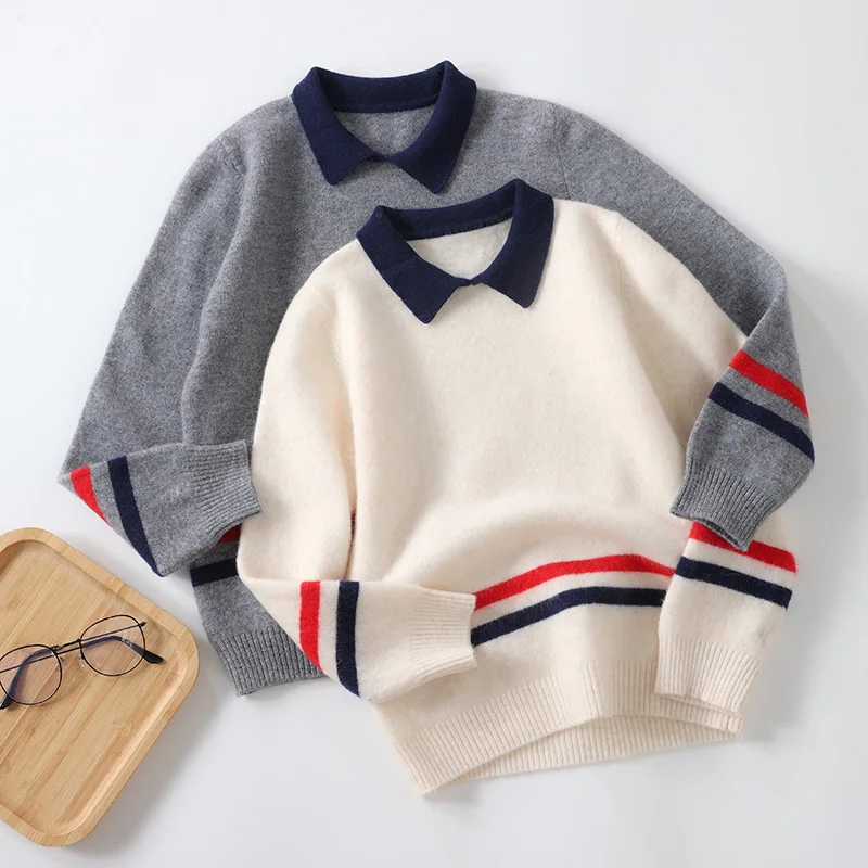 Turn-Down Collar  Unisex Style 100%  Merino Wool  Sweater Autumn And Winter  Pullover  Long Sleeve  Children's Clothing Tops view 3