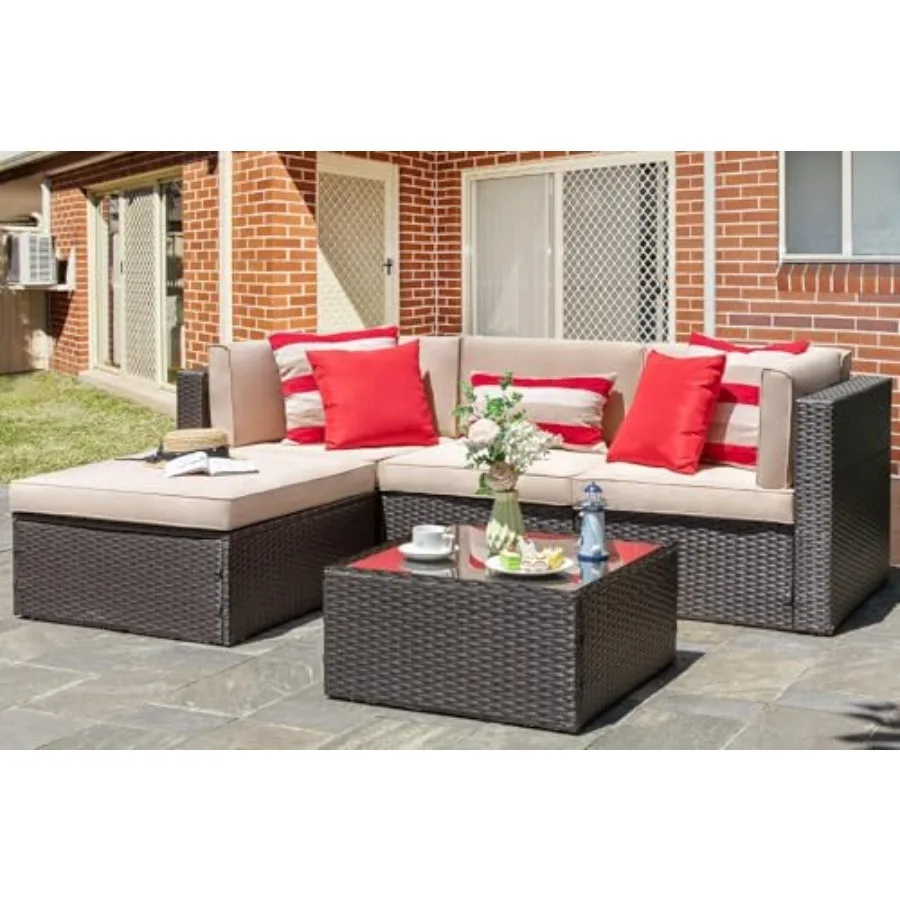 

5 Pcs Patio Furniture Sets, Outdoor Patio Set Sectional Sofa, All-Weather PE Rattan Outdoor Couch with Ottoman, Glass Table for