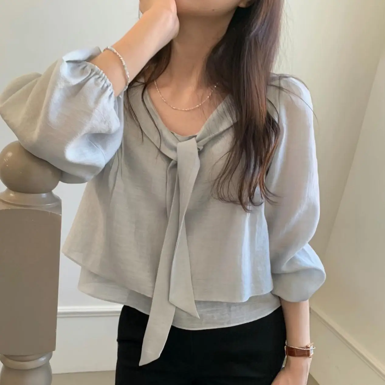 Spring Autumn Design Sense Sash Loose Women's Long Sleeve Fake Two-Piece Shirt Top Versatile Elegant Commute Pure Color