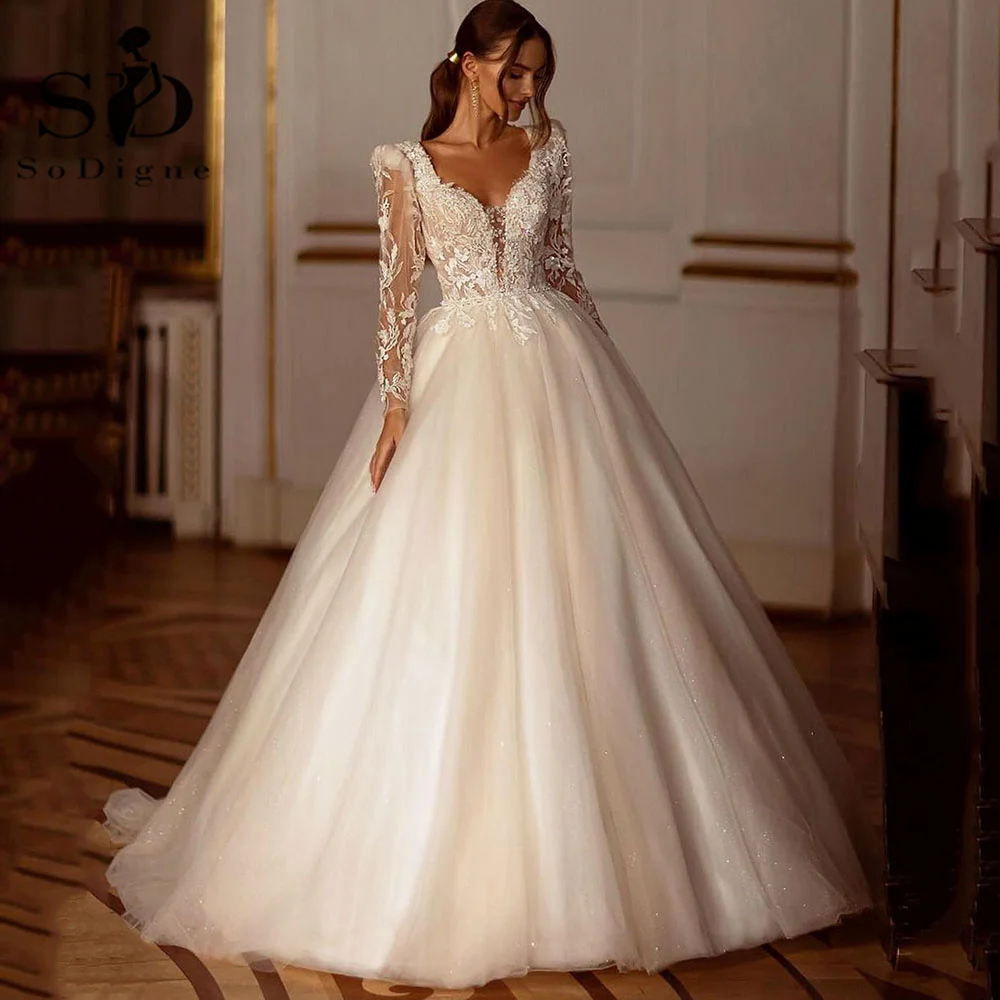 SoDigne Glitter Champagne Abiti da sposa Manica lunga Appliques Abito da sposa in pizzo Tulle Abito da sposa personalizzato abiti da sposa