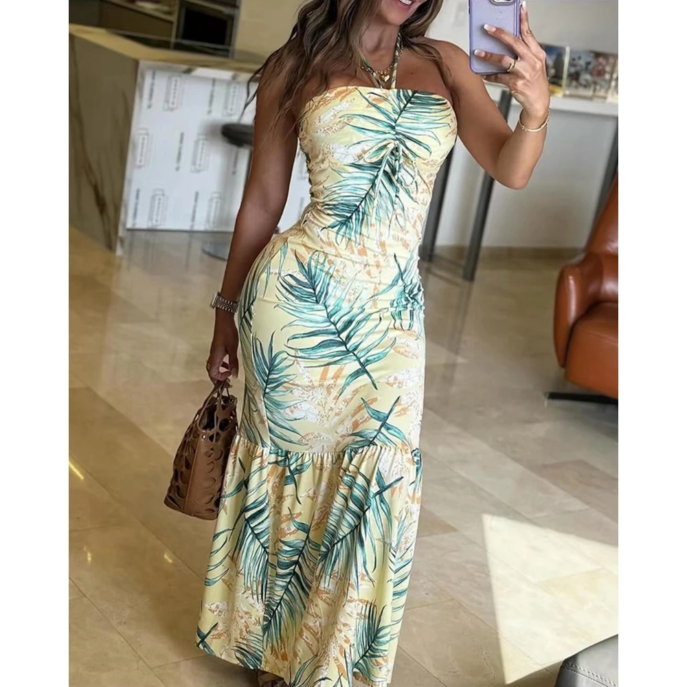 

Vacation Women Tropical Print Halter Ruched Smock Dress Fashion Maxi Party Dress Sexy Ruffle Hem Outfits Dress Birthday Vestidos