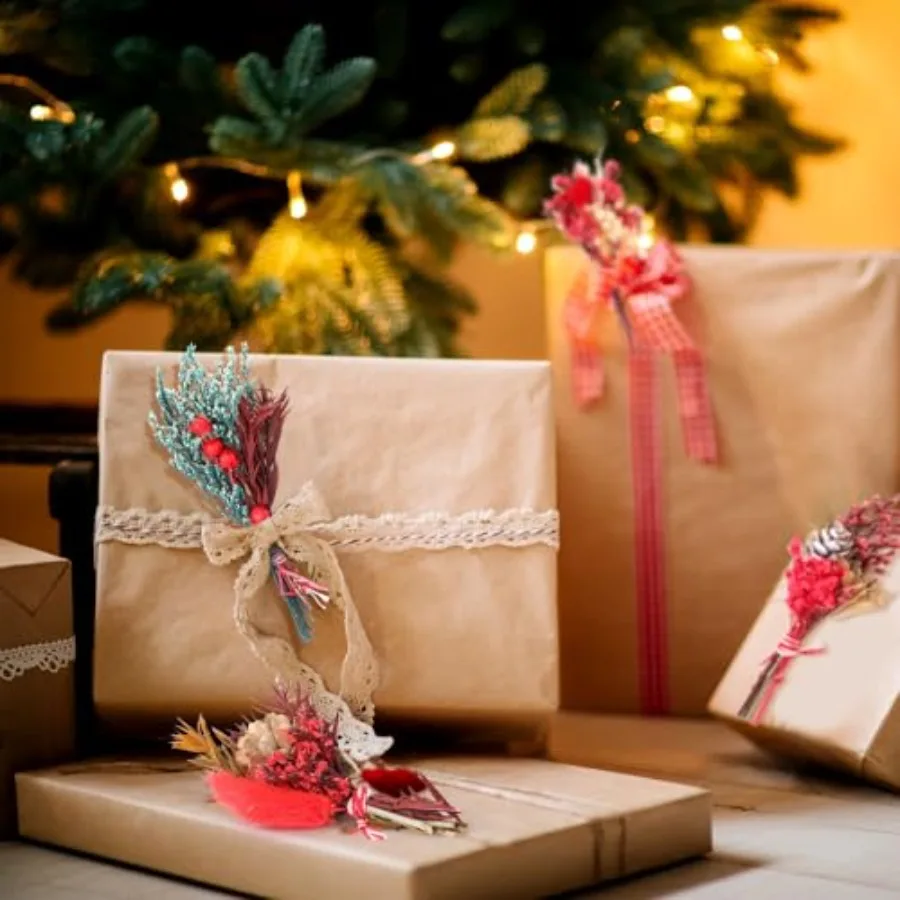 48 حزمة 6 بوصة عيد الميلاد باقات الزهور المجففة السائبة الأحمر الأخضر الزهور المجففة مع التوت الجذعي لزهرية DIY إكليل الحرف عيد الميلاد H