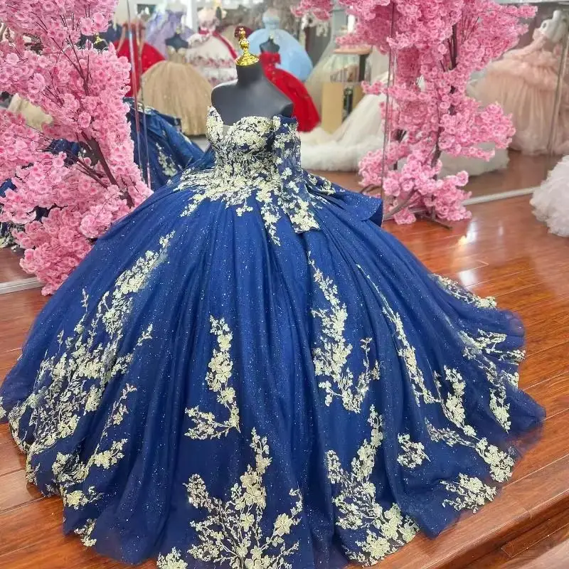 Customized Royal Blue Gloden Applique Quinceanera Dresses Elegant Long Sleeves Off Shoulder Tull Birthday Party Sweet 16 Dress