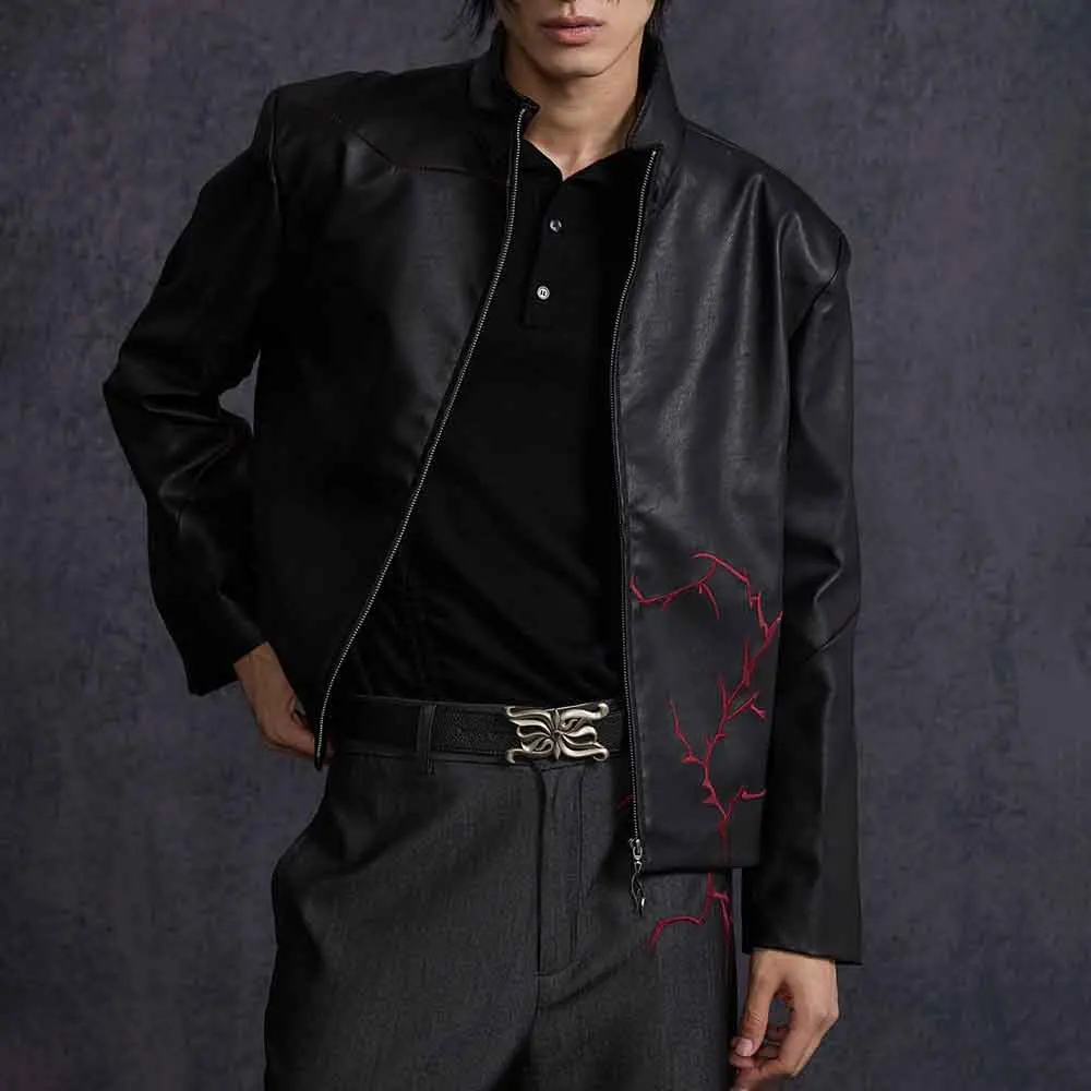 

Mens Pu Leather Jacket Thorn Embroidery Casual Pu Jacket Streetwear Fashion Daily Versatile Youth Tops Men'S Clothing 2025 New