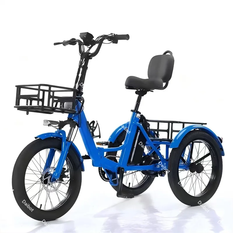350W 48V 3-wiel lichtgewicht opvouwbare elektrische fiets met mandje, elektrische fiets blauw voor volwassenen mannen elektrische driewieler