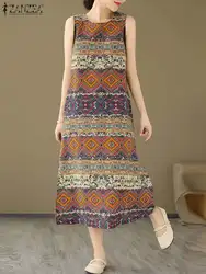 2024 Zanzea Zomer Vrouwen Bohemian Strandvakantie Zonnejurk Casual Losse Tanks Vestido Vintage Mouwloze Midi-Jurk Met Bloemenprint