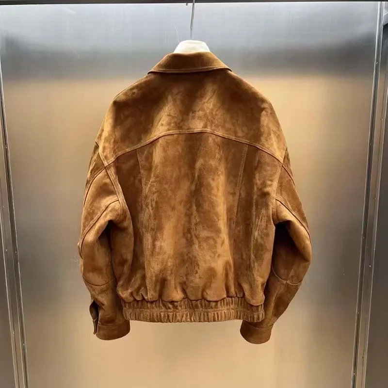 Jaqueta de couro de camurça de primavera feminina comprimento curto gola virada para baixo manga de ombro elegante novo casaco 2025