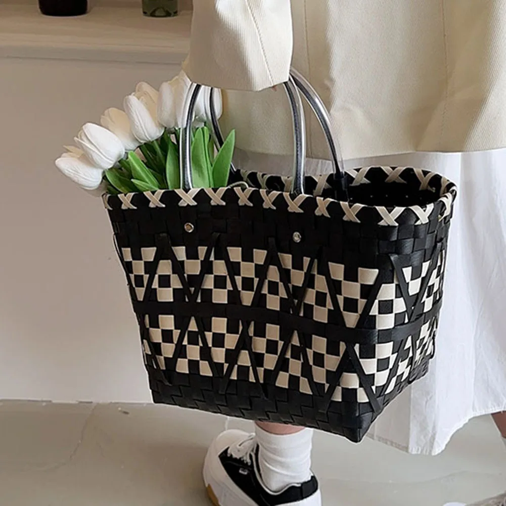 Women Female Totes Large Summer Shopping Bags Handmade Weave Bucket Big Big Capacity PVC Weaving Tote Beach Top Handle Bags