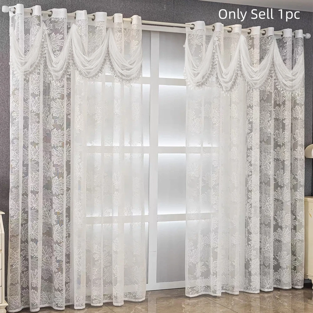1pc French Romantic Maple Leaf Embroidery Sheer Curtains With Lace Valance,Grommet Top Light Filtering For Living Room,Bedroom