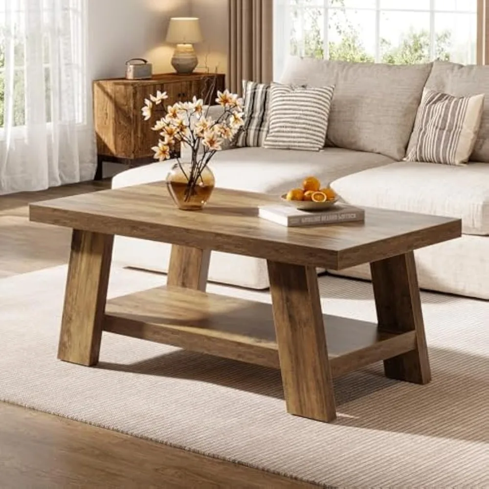 

Farmhouse Coffee Table, Rustic Style Living Room Coffee Table, 47.24 Inch Rectangular Wooden Living Room Table with Storage