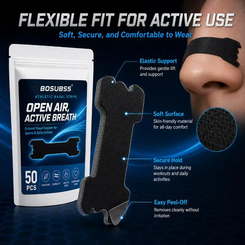 New 50Pcs Nasal Breathing Strips Flexible Nose Strips Easy Breathing Comfortable Adhesive Nasal Support For Daily Sleep Sports