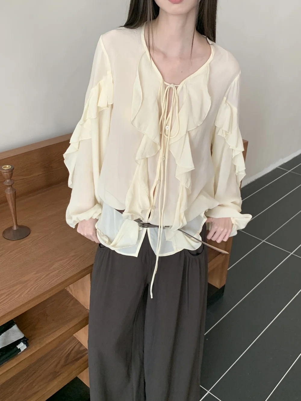 CHEERART Ruffles V Neck Tie Front Blouse For Woman Sheer Lantern Long Sleeve Top Fall Fashion Chiffon Blouses 2025 Clothing