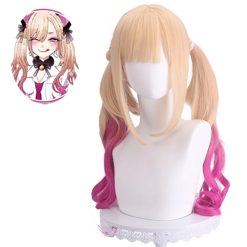 

Long Curly Synthetic Wig Gradient Pink Blue Cat Ears Double Ponytail Cosplay Costume Party Cute Girl