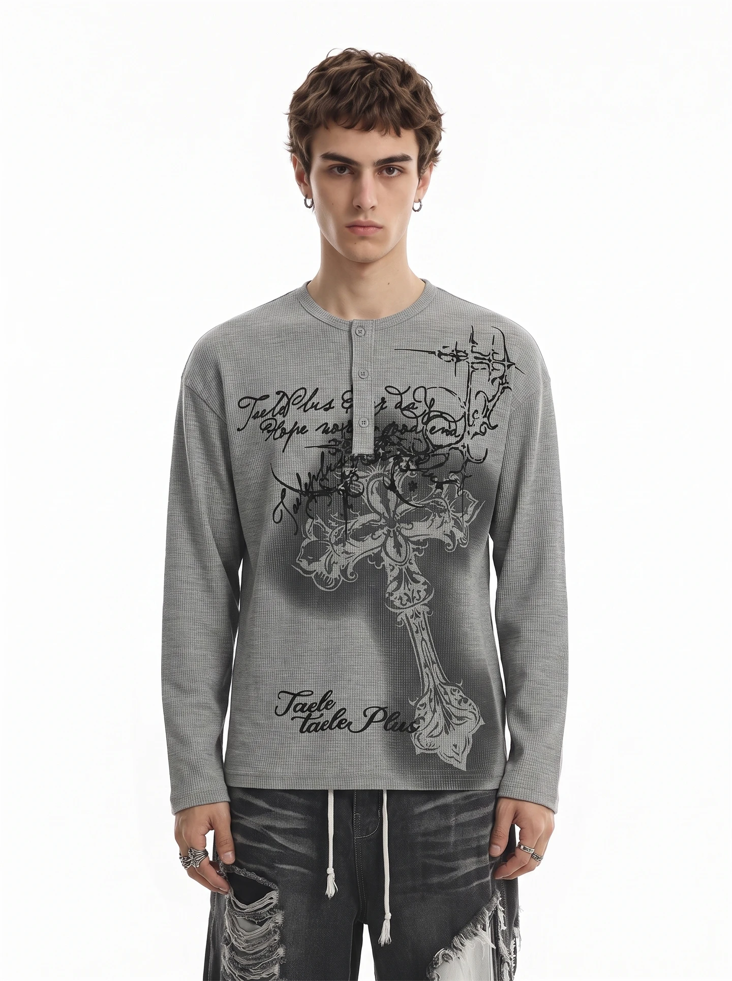 BETEBULE American Subculture Print Long Sleeve T-Shirt Men's Vintage Short Wide Waffle Pattern Upper Body Loose Fit Autumn Wear