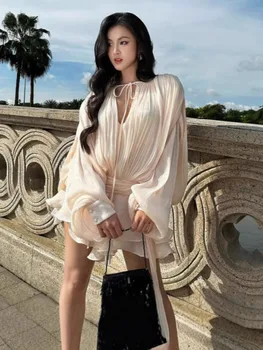 Beige Top Solid Blouse Mini Dresses For Women V Neck Long Sleeve Spliced Lace Up Sweet Style Dress Female Clothing Fashion P7WI 4 Beige Top Solid Blouse Mini Dresses For Women V Neck Long Sleeve Spliced Lace Up Sweet Style Dress Female Clothing Fashion P7WI 4