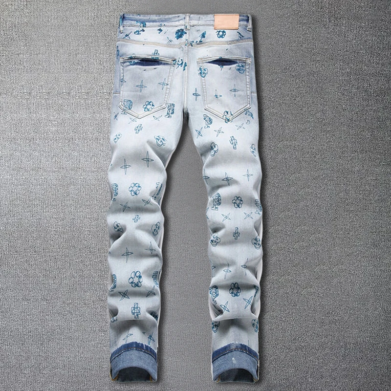 New Style Trendy Printing And Dyeing Blue Jeans Straight Elastic Pant Men Slim Jean High Street Trendy Blue Jean Vaqueros Hombre