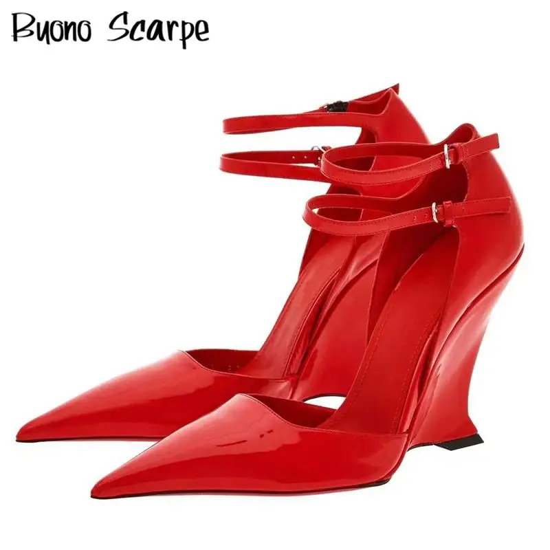 

Wedges Heel Pointed Toe Sexy Sandals Women High Heel Double Buckle Strap Fashion Dress Party Shoes Female Elegant Red Sandals