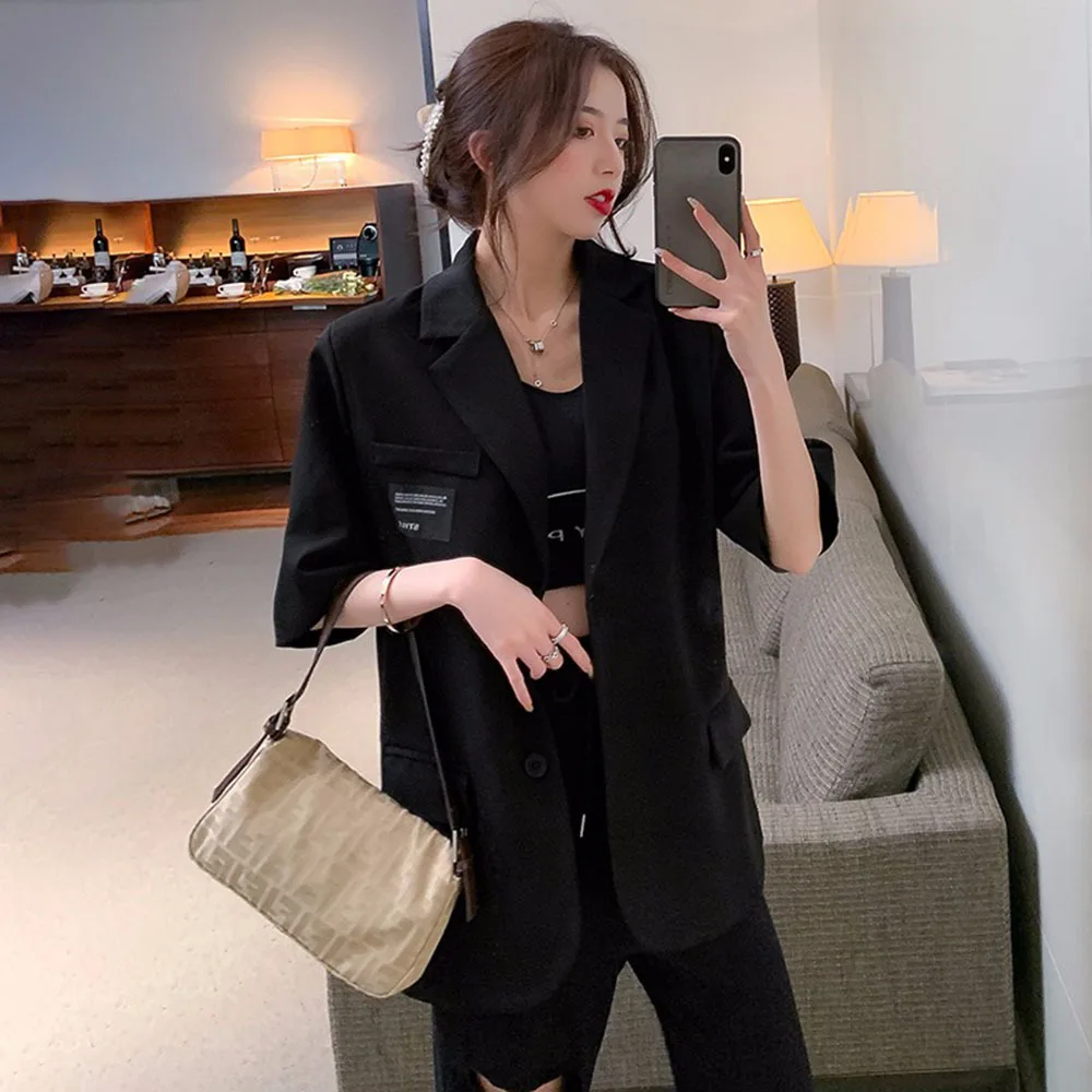 Summer Women Suit Jackets Oversized Short Sleeves Blazer Mujer Jacket Korean Fashion Coats Cardigans Thin Tops Buttons Pockets