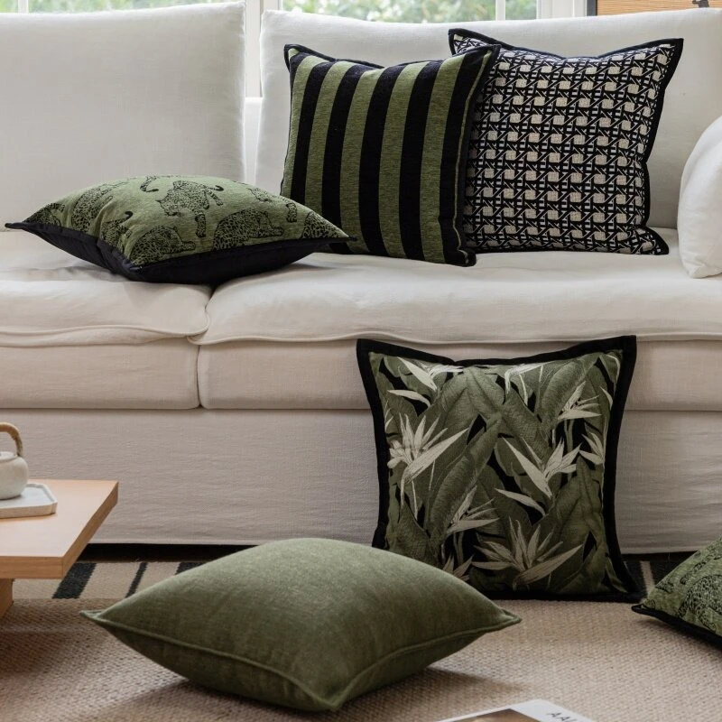 Luxury Green Textured Cushion Cover Vintage Patchwork Jacquard Sofa Pillow Cover Decorative Modern Design Soft Home Furnishings