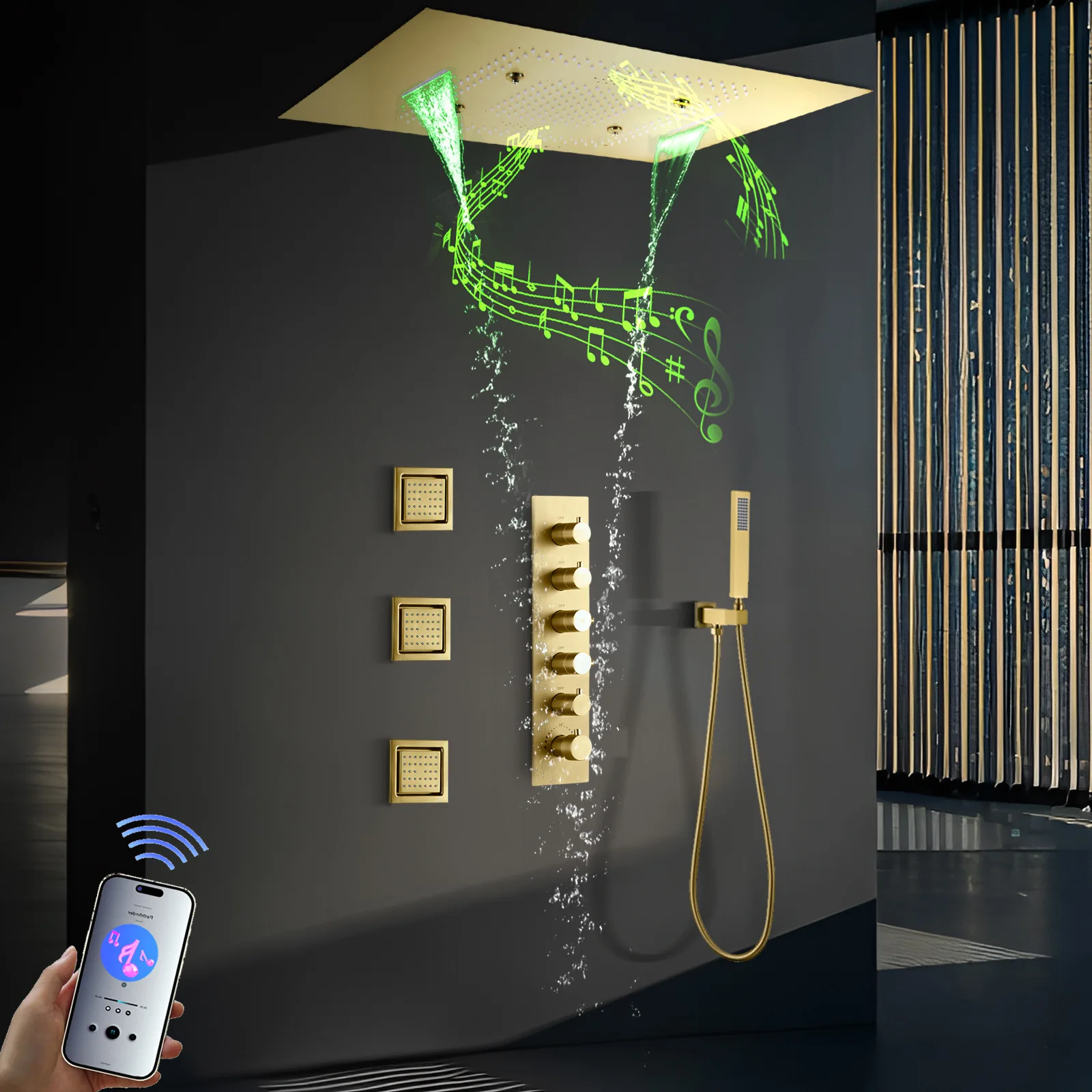 Ceiling brushed gold 80 * 60cm LED top spray tape music function constant temperature control valve body
