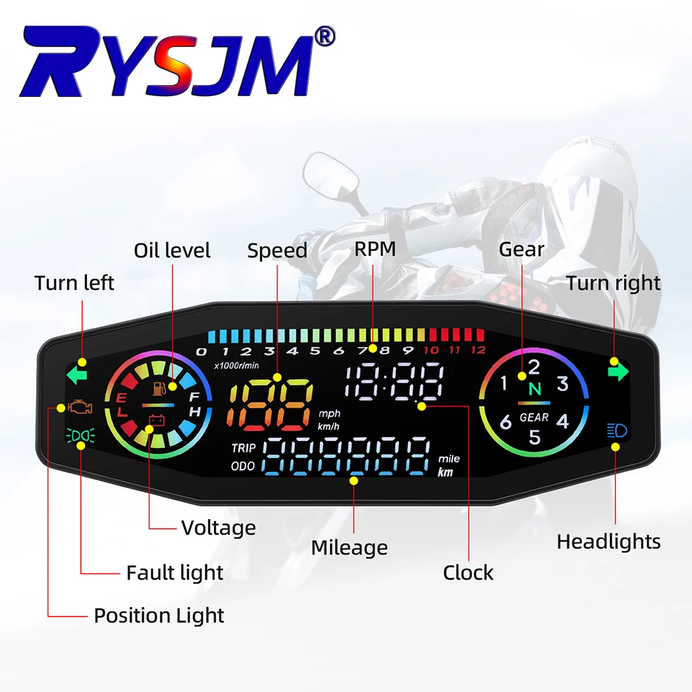 Universal Motorcycle LED Waterproof Digital Speedometer Tachometer with Fuel Gauge Turn Signal Indicator Multi-Function Display