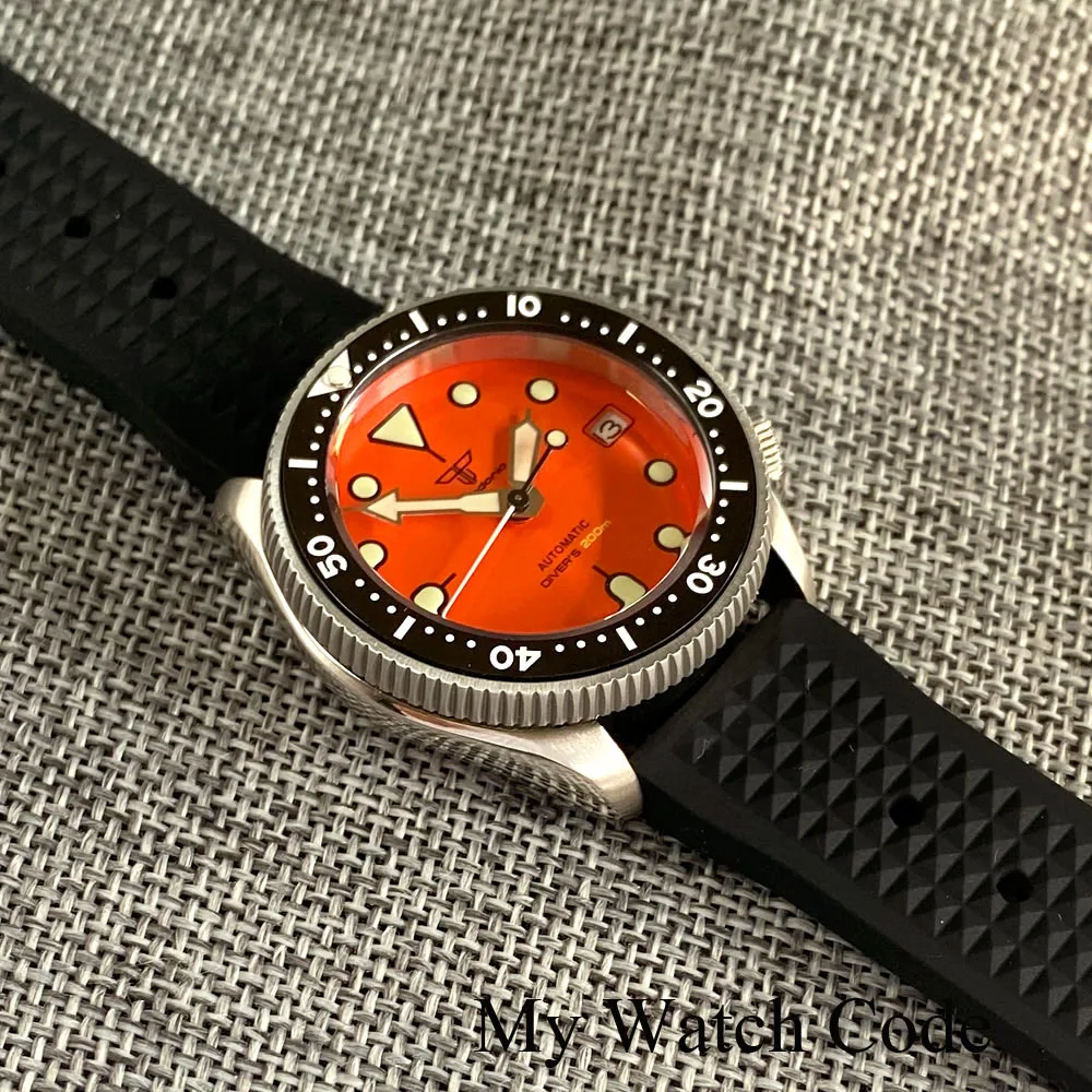 Montre mécanique en acier étanche pour homme, montre-bracelet de plongée orange Sunaged, horloge pour femme, bracelet gaufré, couronne 200, SKX013