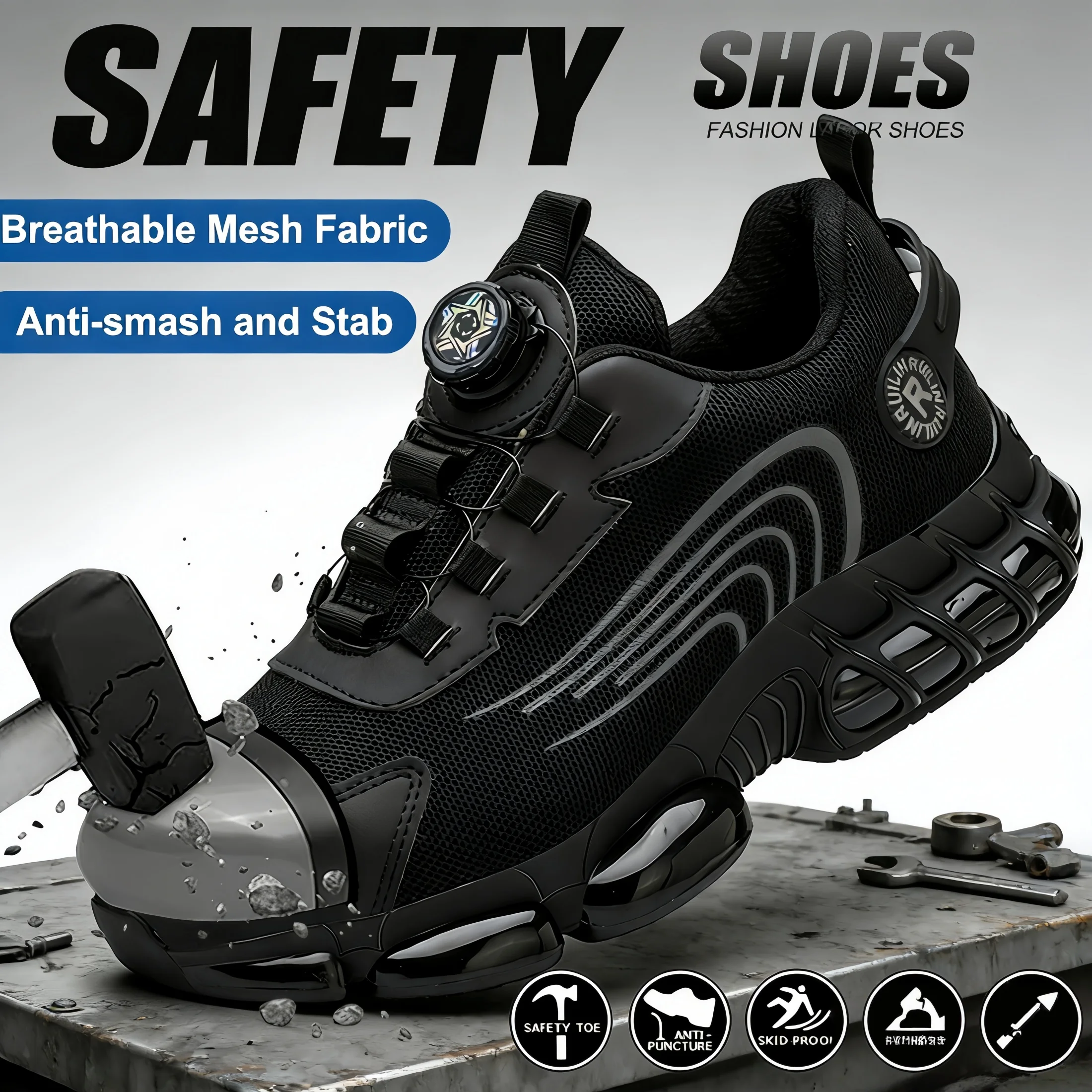

Black Rotary Buckle Work Safety Shoes For Men Women Air Soft Sole Lightweight Protective Work Sneakers Anti-Smash Anti-Puncture
