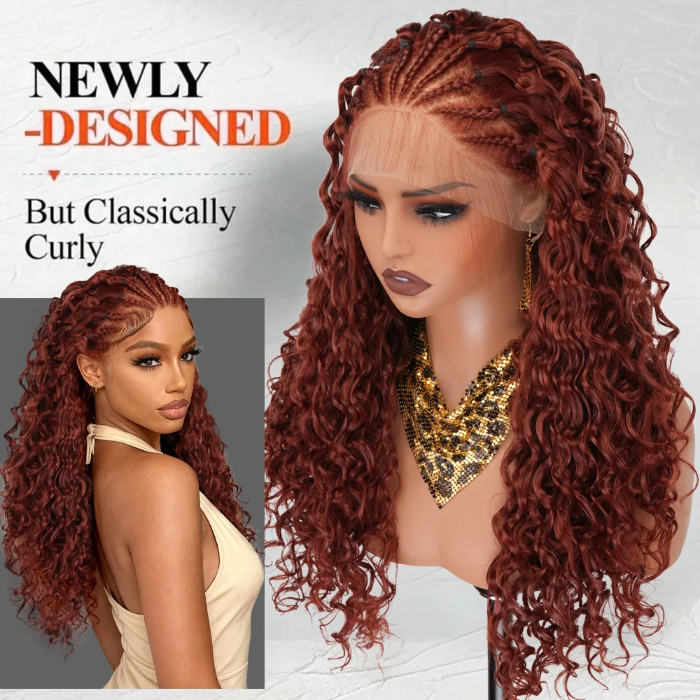180%密度の巻き毛ノットレス編み込みウィッグ、自然な生え際、ジンジャーカラー、13x4レースフロント、女性用巻き毛合成ウィッグ