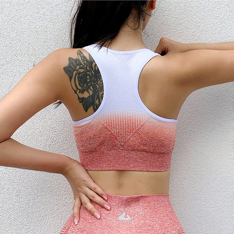 Women Sport Bras Gather High Impact Gym Workout Bra Girls Breathable Gradient Shockproof Underwear Padded Yoga Running Crop Tops