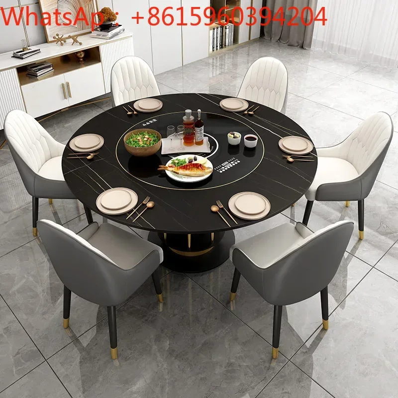 Customized Light Luxury Rock Plate Dining Table and Chair Combination Household Embedded Automatic Rotating