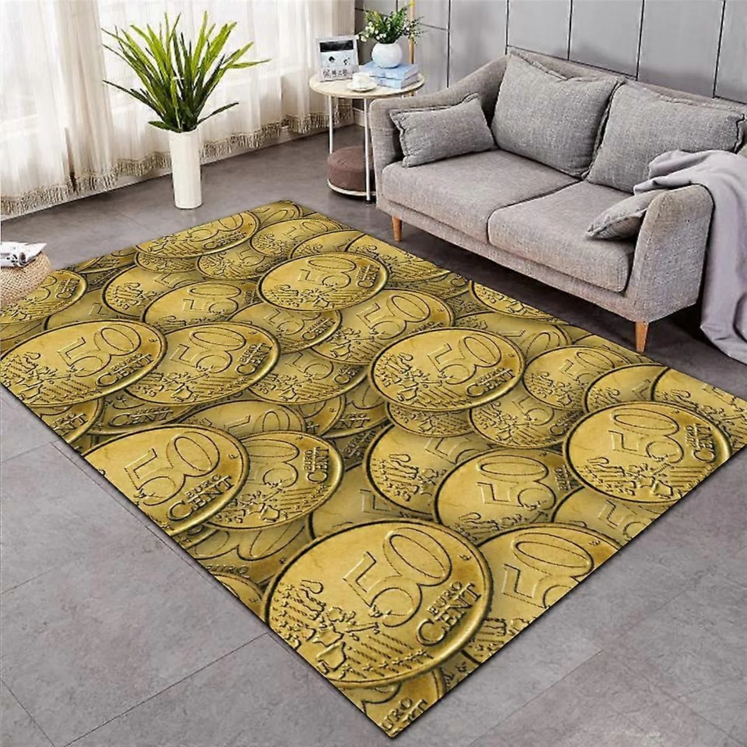 Living Room Rug 3D Gold Coin Wealth Theme Carpet Non-Slip Soft Easy To Clean Durable Trendy Fun Luxury Decor Area Home Decor Mat