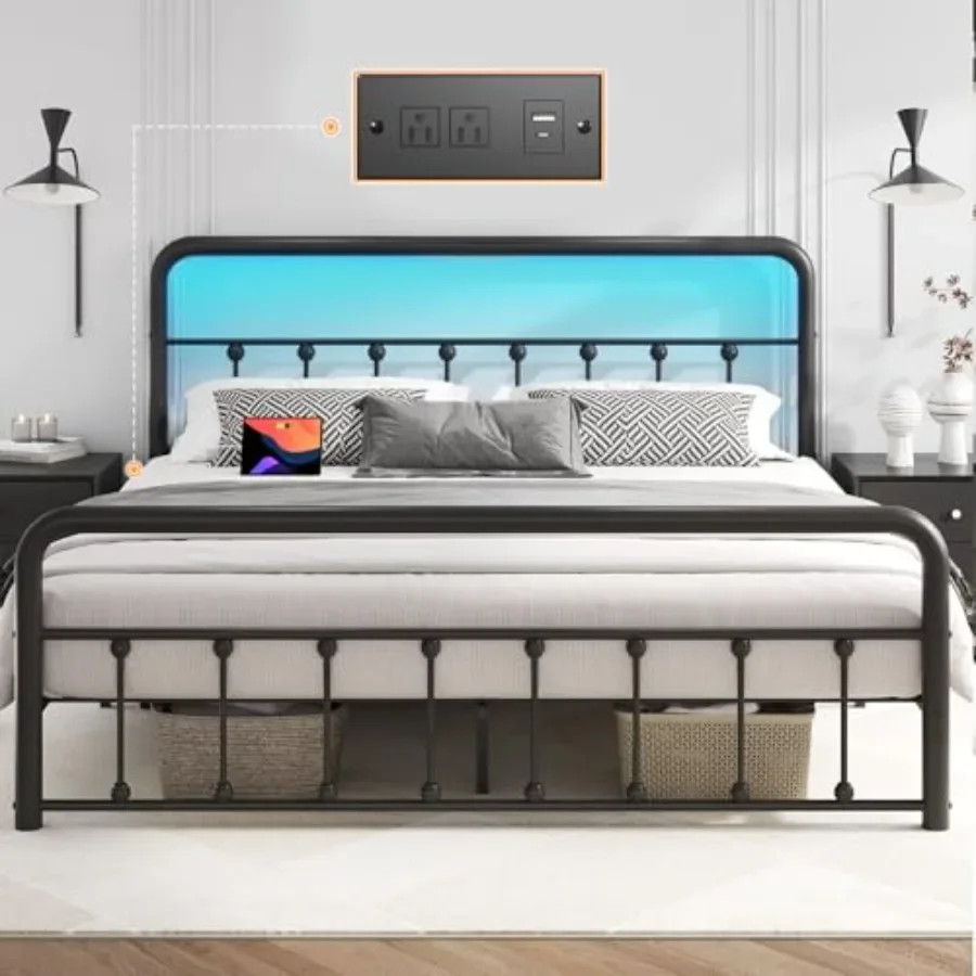 14 Inch Bed Frame for Bedroom: Victorian Iron-Art Metal, Black, Charging Station LED Lights, Under-Bed Storage, Noise-Free, No