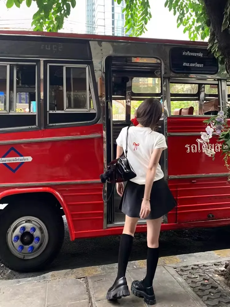 

Korean Style Knot Short Sleeve White T-Shirt Women's Summer 2024 Design Sweet And Spicy Short Top Cotton Blend Elas...