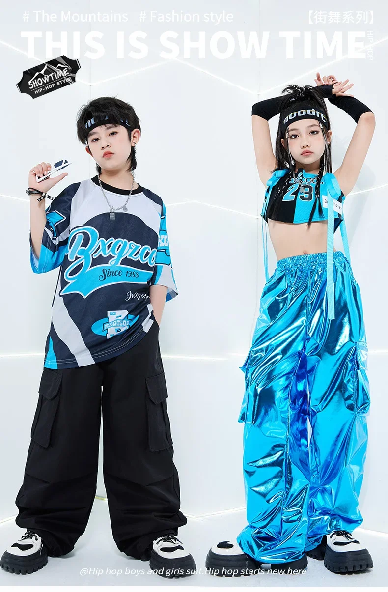 Neues, cooles, leuchtend blaues Street-Dance-Kostüm, Kinder-Jazz-Mode, Kleidung für Jungen und Mädchen, Hip-Hop-Oberteile in Oversize-Passform, Hosen, Outfit für Laufsteg-Shows. – Detail 1
