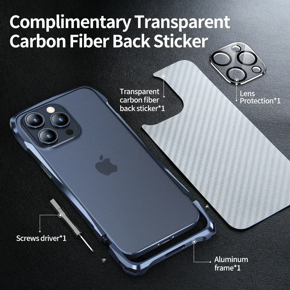 LUPHIE Lightweight Metal Frame For iphone 16 15 Pro Max Bumper 16e 14 13 Anti-Scratch Case + Back Sticker Lanyard Lens Protector