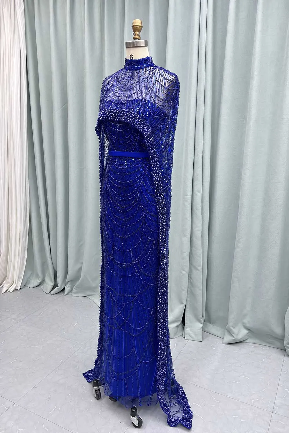 YQLNNE Muslim Blue Beading Pearls Long Evening Dresses High Neck Tulle Formal Evening Party Gown Mermaid Removeable Shawl