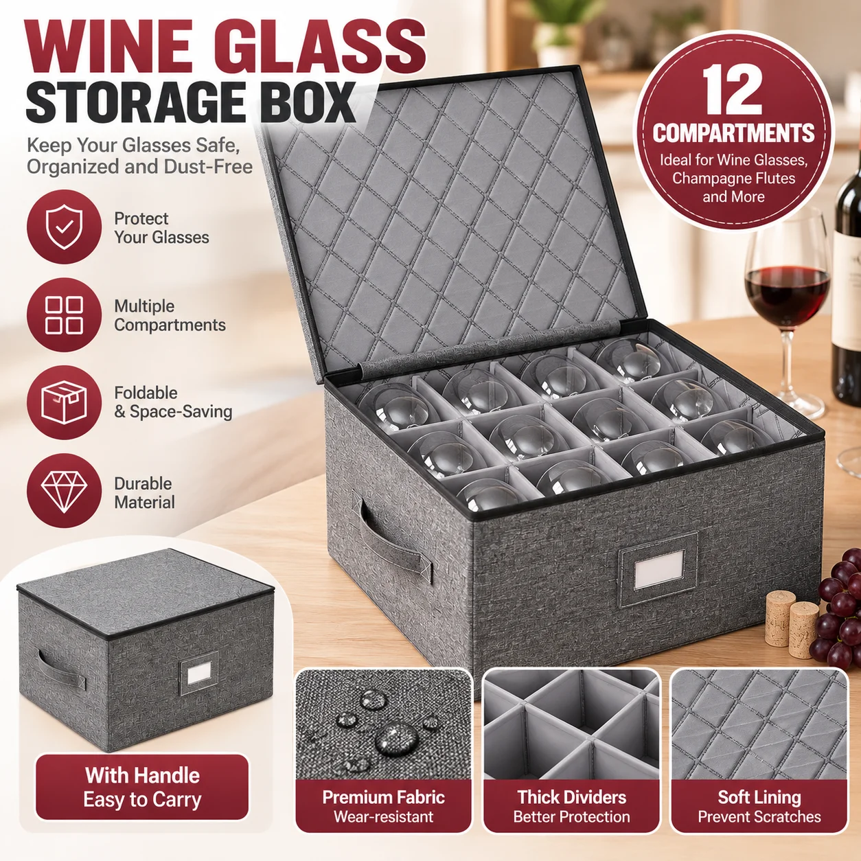 Stackable Hard Shell Wine Glass Storage Box with Dividers 12Pcs Grey Shockproof Stemware Case for Kitchen Cabinet Home Bar