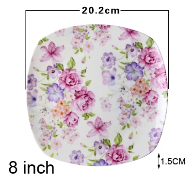 8 Inch, Real Bone China Flower Dinner Plates, Porcelain Serving Platter for Stake, Ceramic Cake Plate for Dessert, Cooking Plat