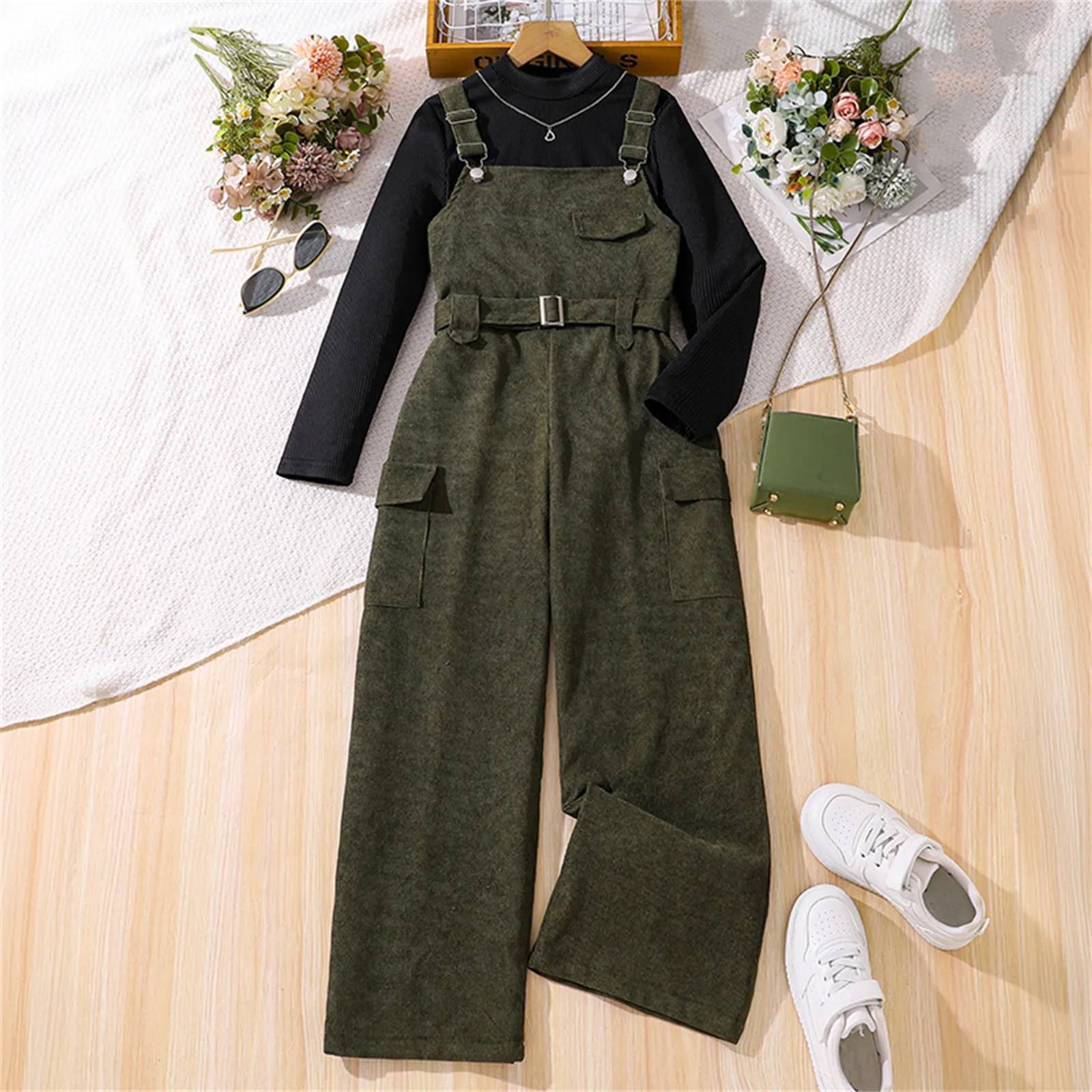 Toddler Kids Big Girl Cloth Long Sleeve Tee Corduroy Overall Jumpsuit Suspender Pants 2 Pieces Twins First Christmas Outfits