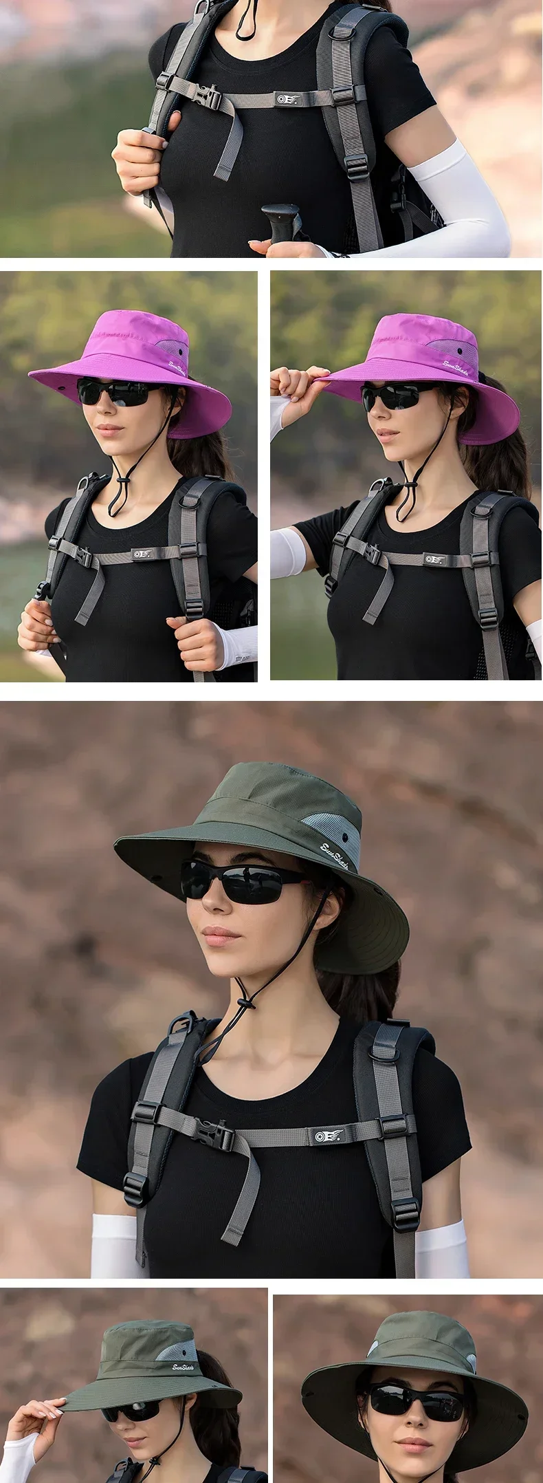 Damen Pferdeschwanz-Fischerhut Wasserdichter Sonnenhut Einfarbig Outdoor Reise Angeln Klettern Wandern Breiter Krempe Bucket Hat – Detail 11