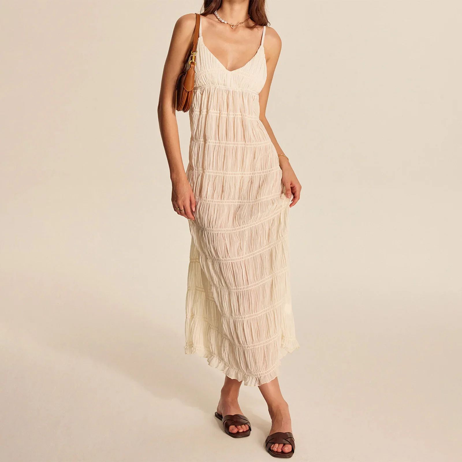 Combhasaki Abito lungo dritto da donna estivo con spalline regolabili senza maniche con scollo a V increspato e cintura smock con allacciatura sul retro