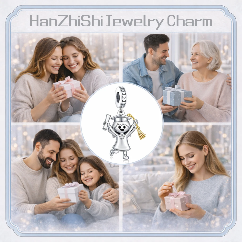  2026 Graduation Charm Beads Cap Diploma Student Pendant fit Pandora  Original Bracelet Necklace Women Gift Silver Plated Copper - view 6
