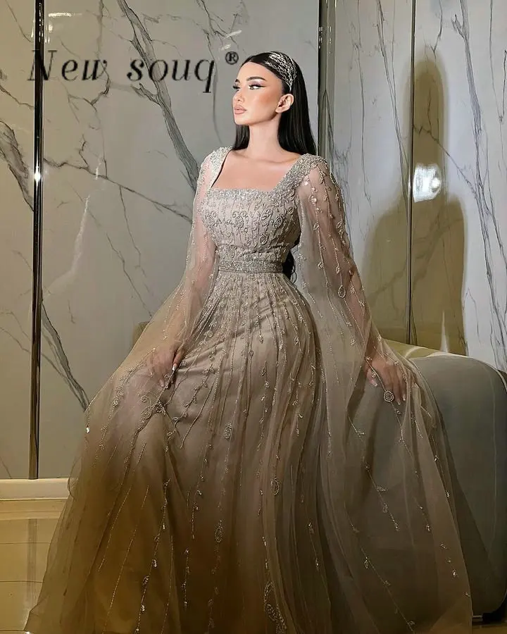 Saudi Arabic A Line Square Neck Evening Dresses with Cape Sleeves Glitter Sequin Beaded Formal Gowns Elegant for Women Party